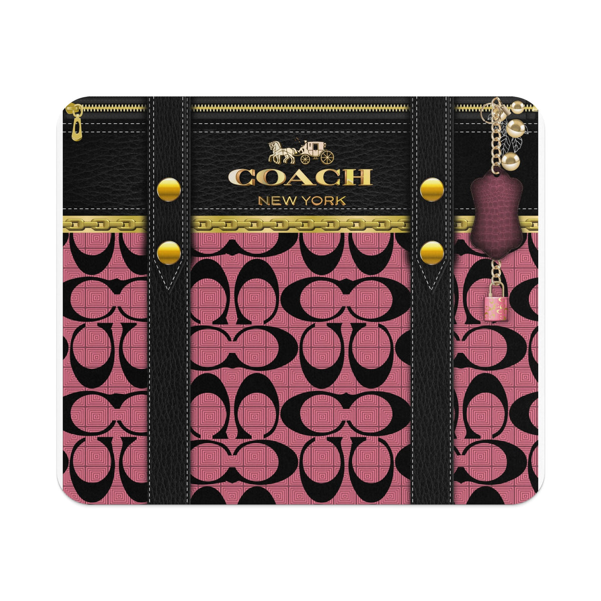 Coach pattern card holder with gold hardware and attached charms.
