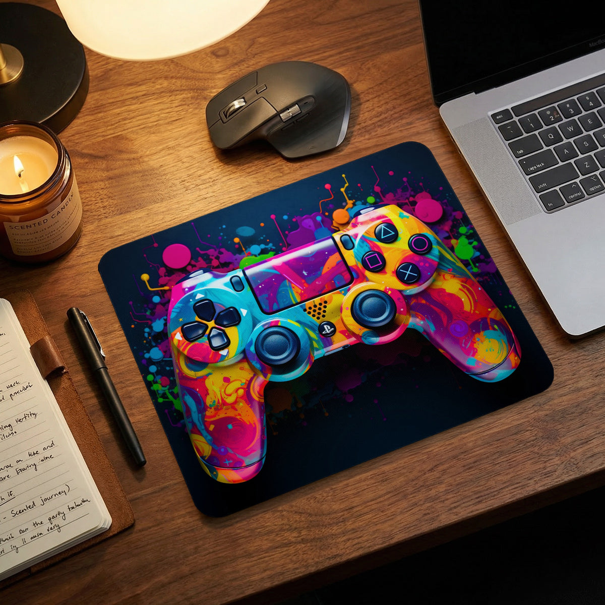 A colorful mouse pad featuring a vibrant, abstract PlayStation controller design lies on a wooden desk.