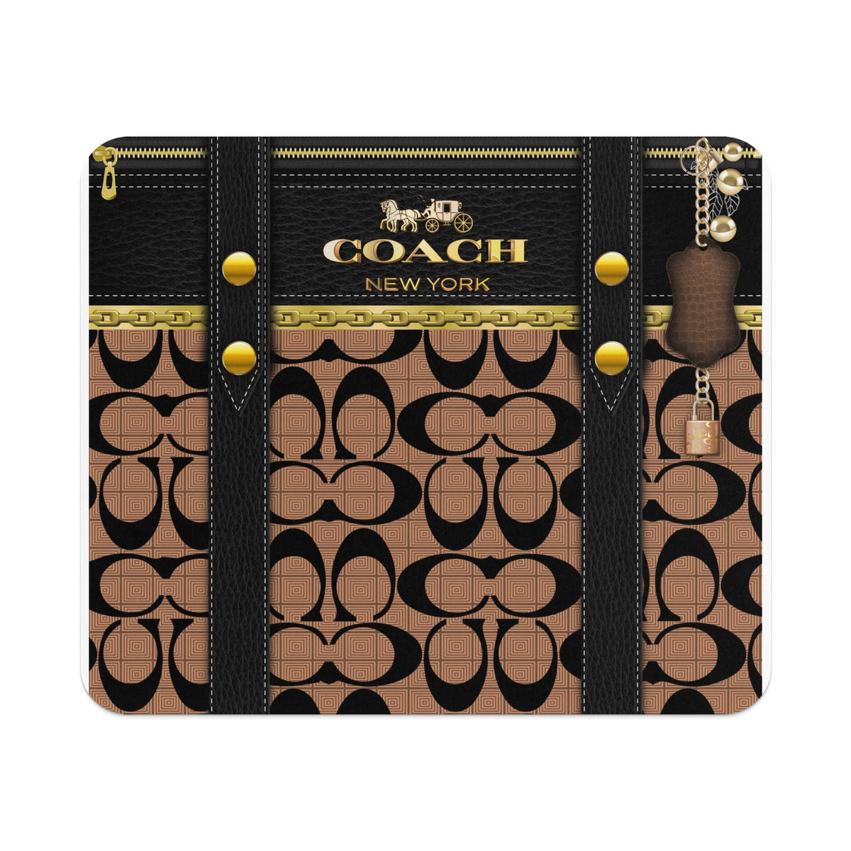 Coach patterned wallet with gold hardware and a hanging charm.
