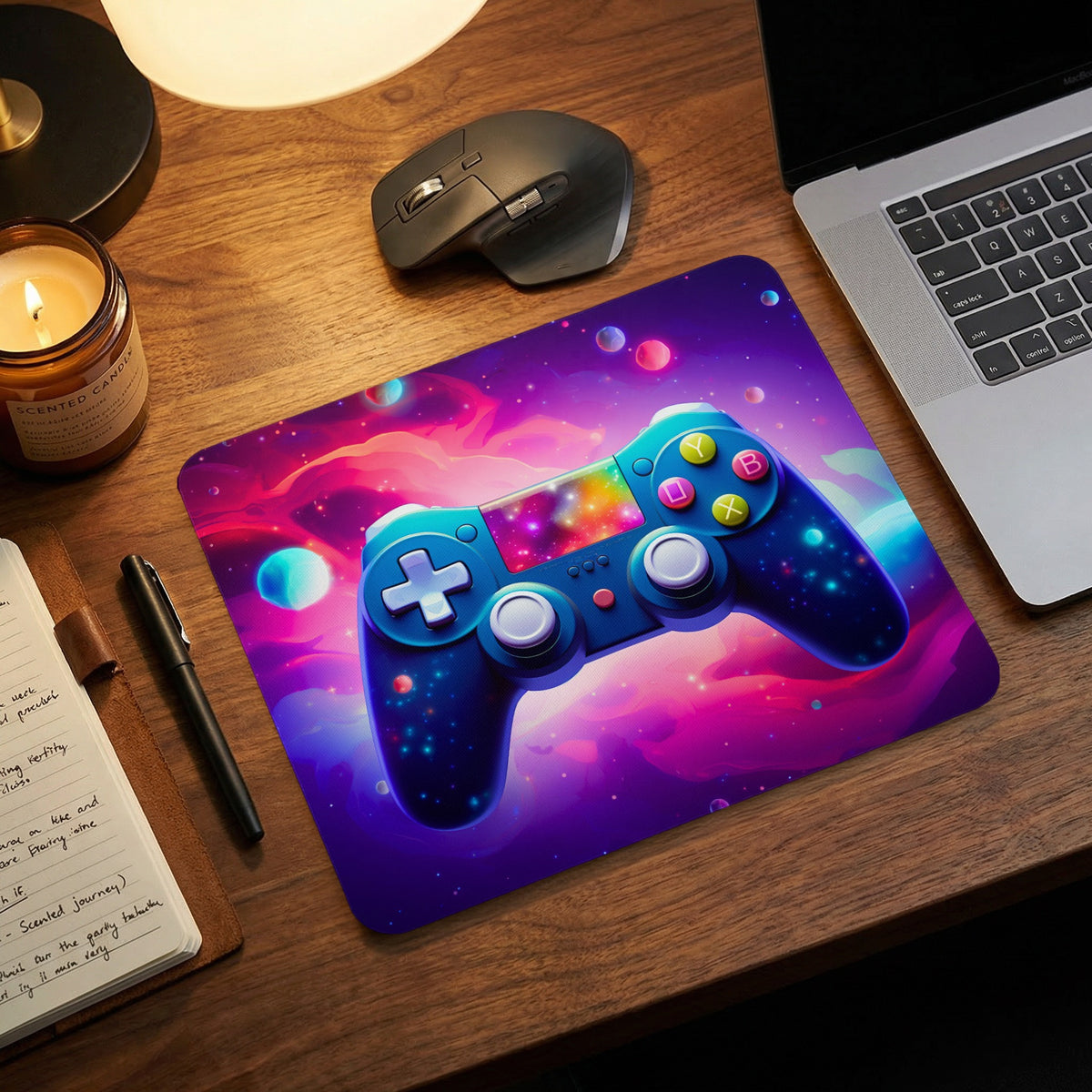A mouse pad featuring a vibrant galaxy-themed game controller sits on a wooden desk next to a laptop and candle.