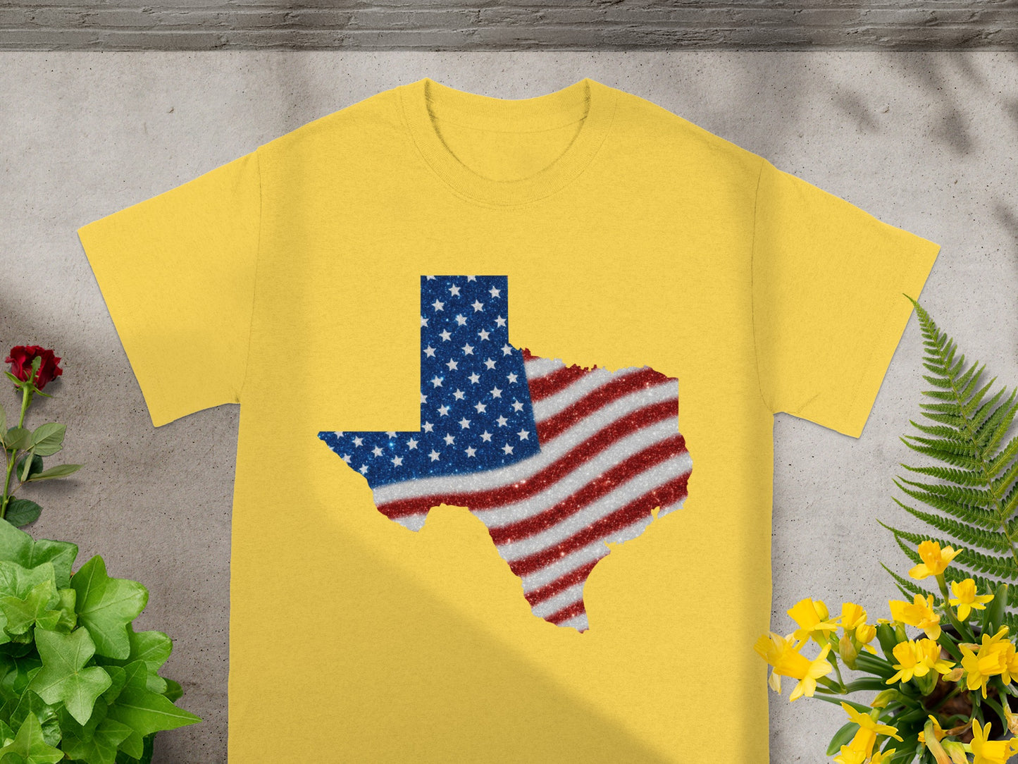 Yellow t-shirt with a glitter Texas map in American flag colors.