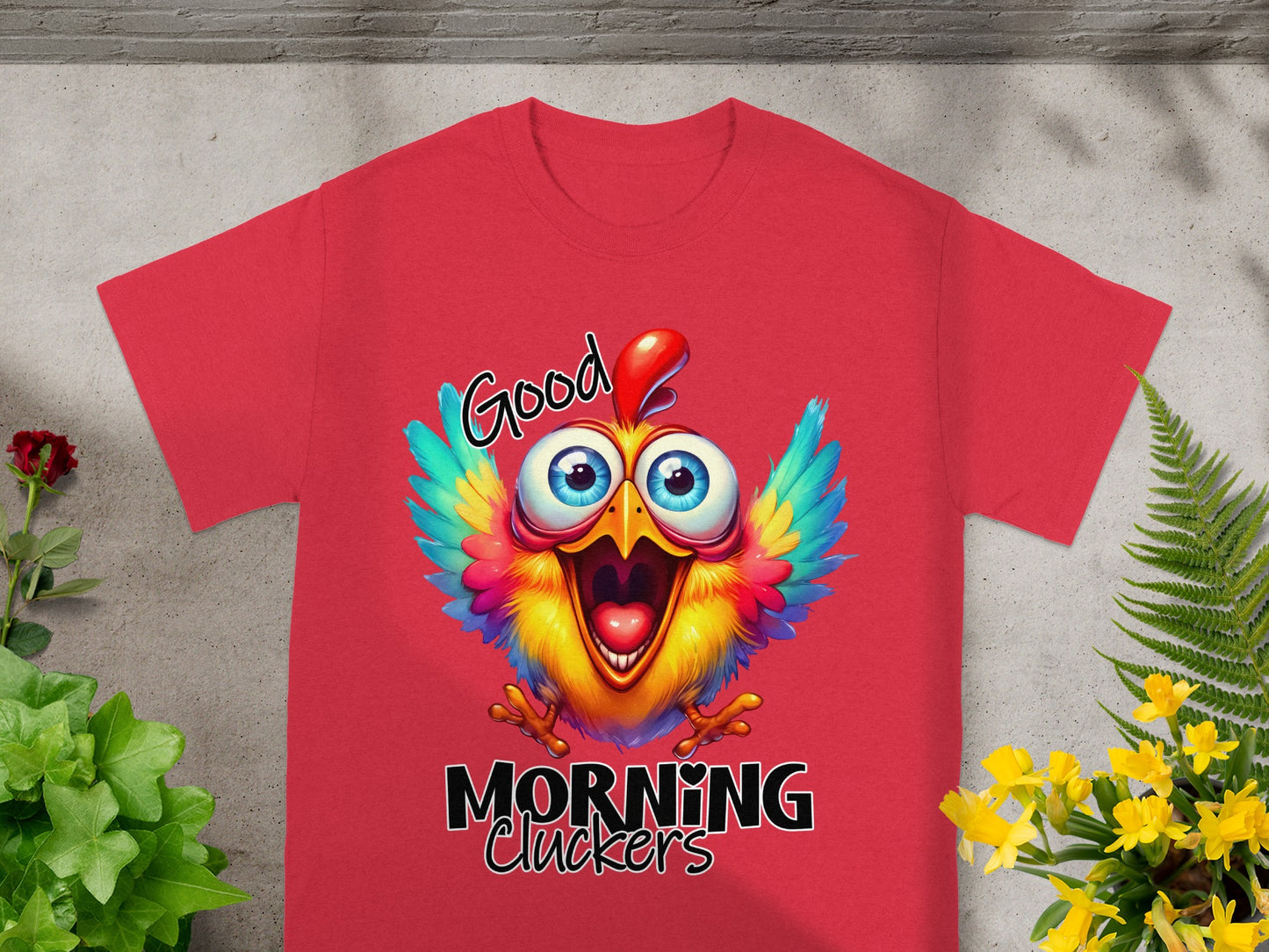 Good Morning Cluckers Colorful Chicken T-Shirt