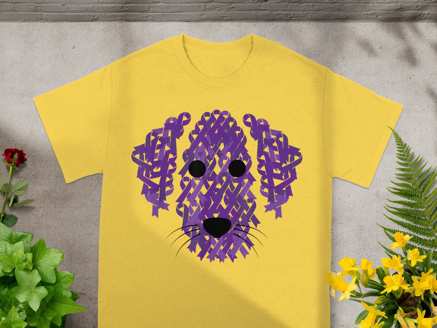 Yellow T-shirt with Unique Purple Dog Design