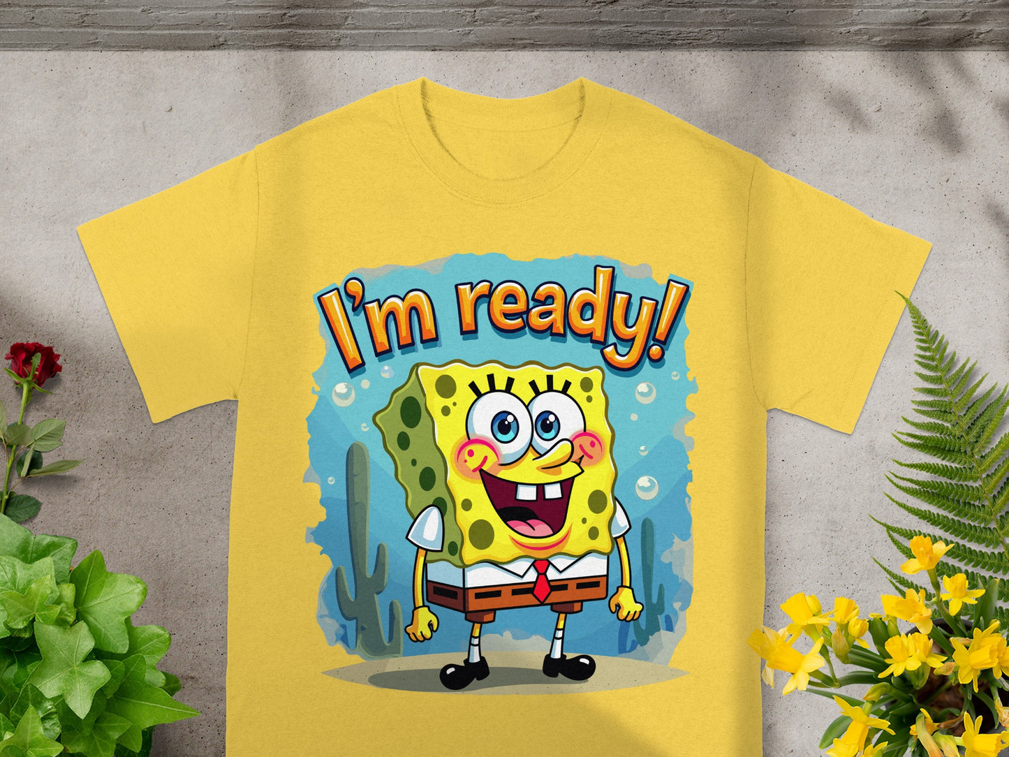 Yellow t-shirt with Spongebob Squarepants saying "I'm ready!"