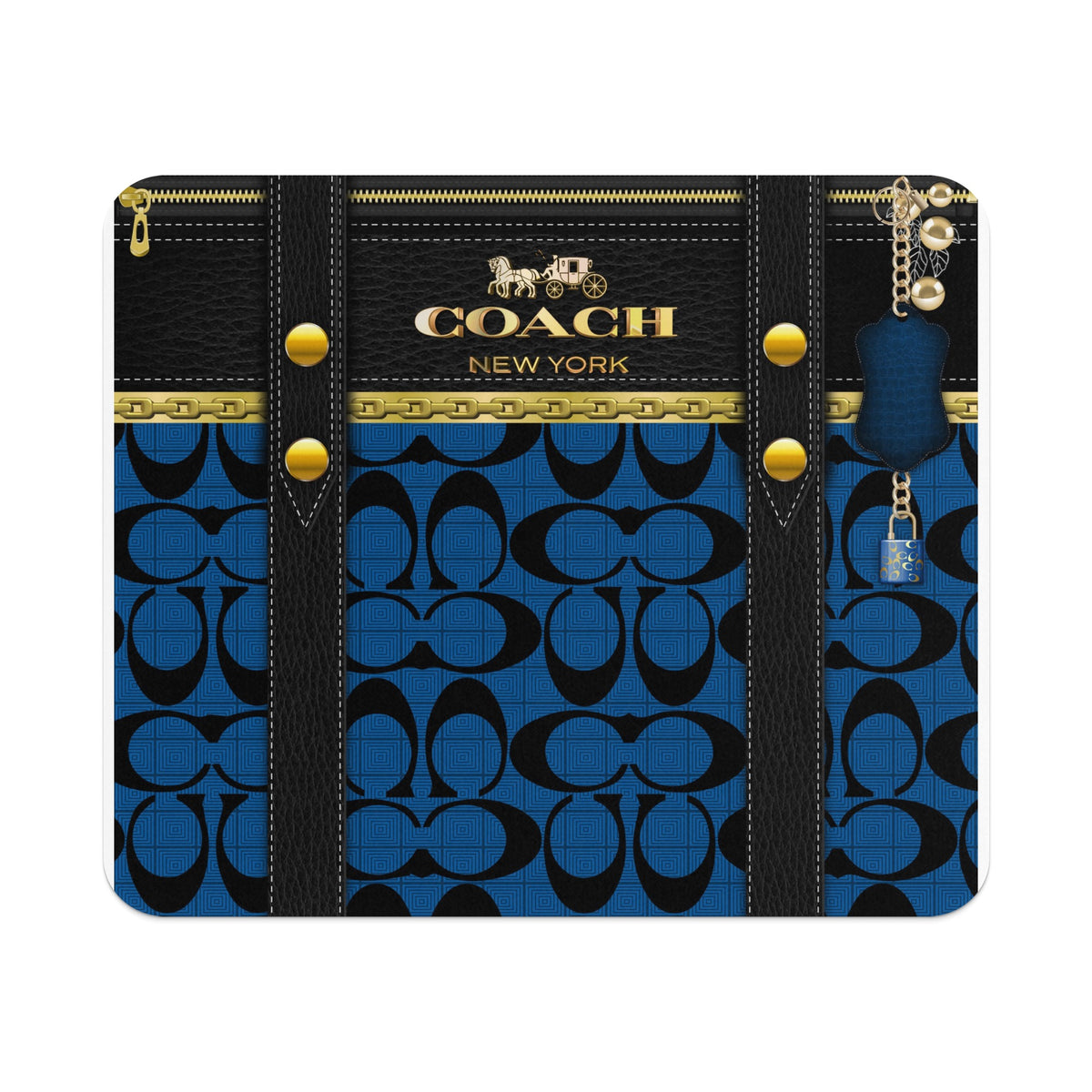 Coach pattern on blue with black leather trim, gold zipper, and keychain lock.