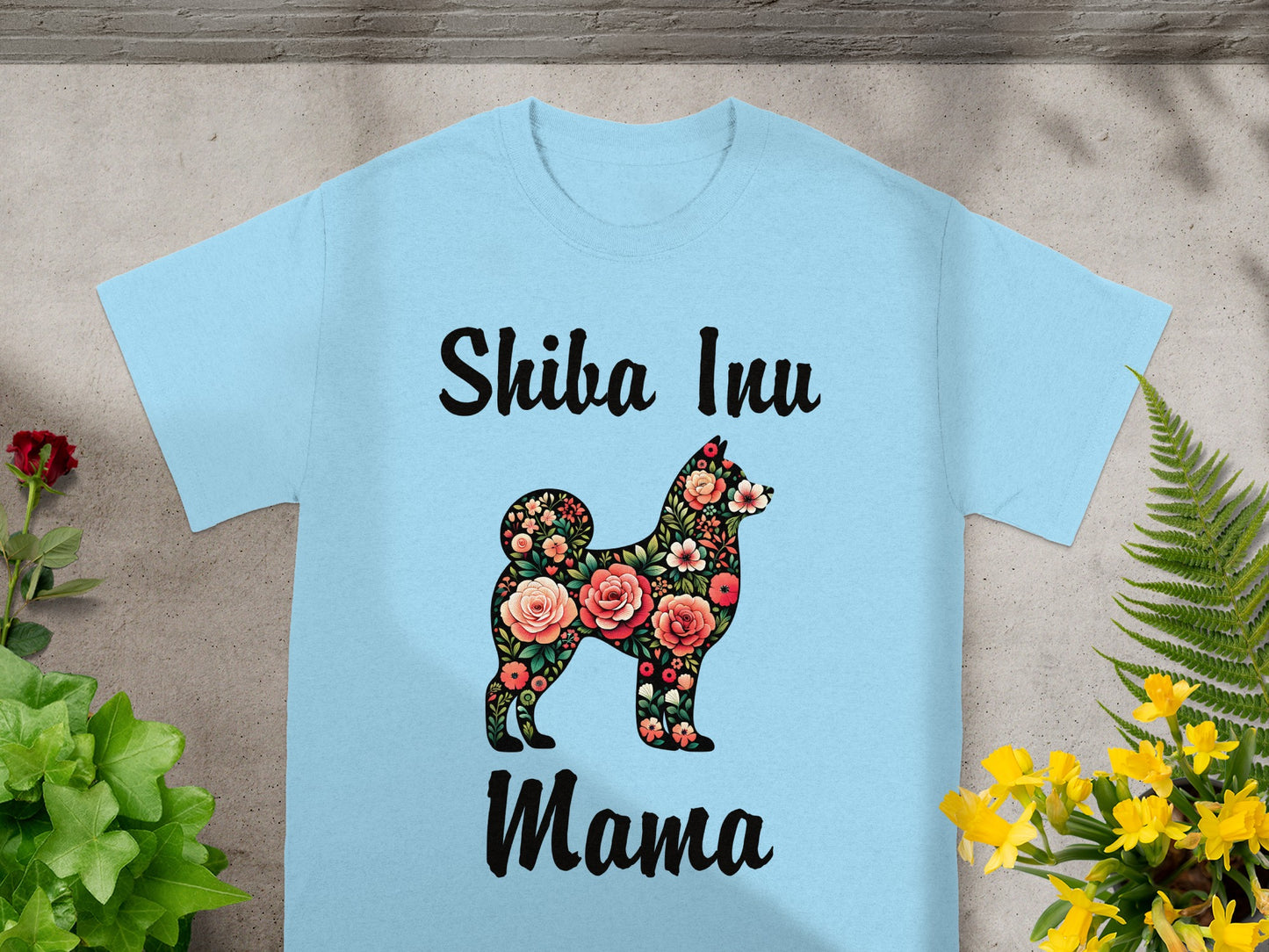Light blue t-shirt with "Shiba Inu Mama" and floral dog silhouette.