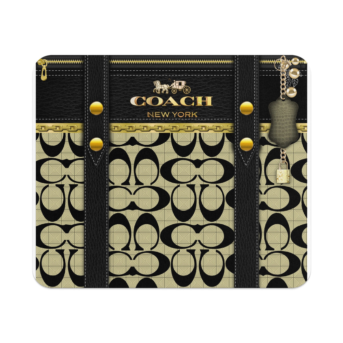 Coach New York black leather bag with gold hardware and monogram pattern.