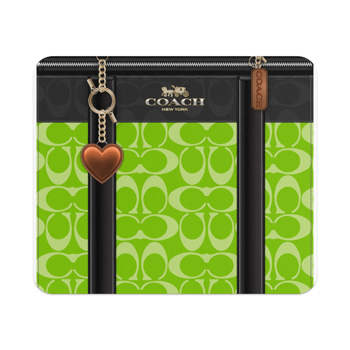 Coach bag with green monogram pattern, a heart charm, and a Coach New York logo.