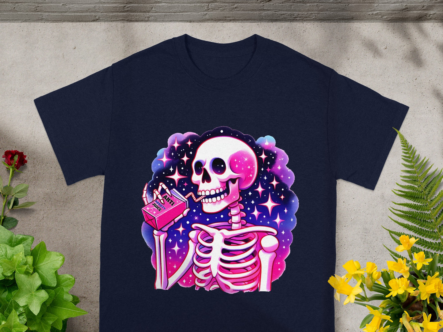Cosmic Skeleton Drinking Anti-Juice Graphic T-shirt
