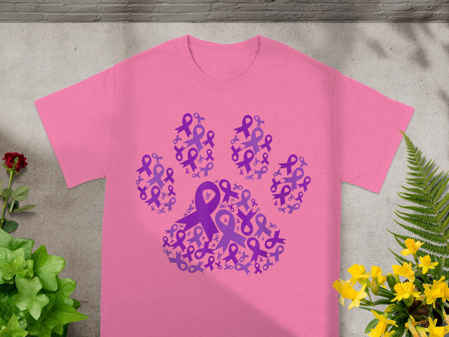 Pink T-Shirt with Purple Ribbon Paw Print Design