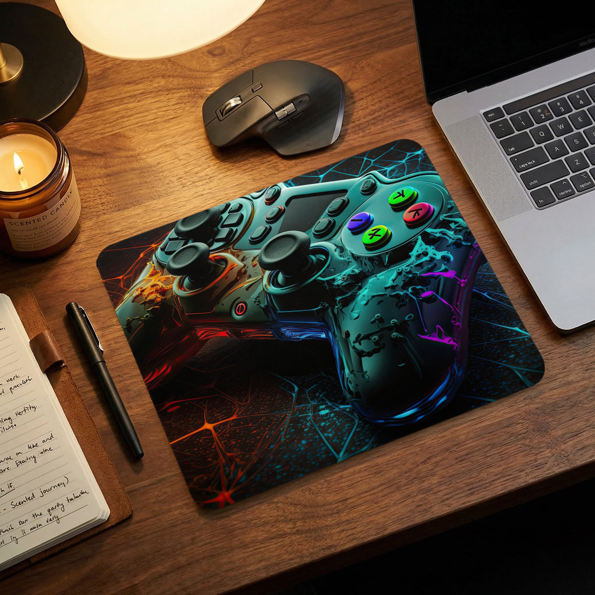 A rectangular mousepad featuring a glowing, abstract video game controller design on a wooden desk.