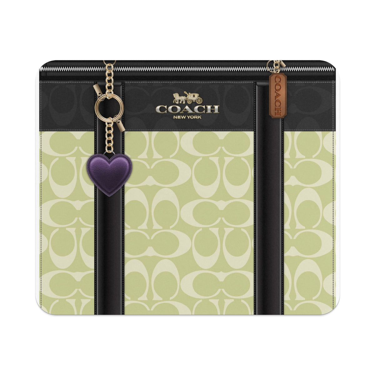 Coach signature pattern wallet with heart and horse carriage logos.