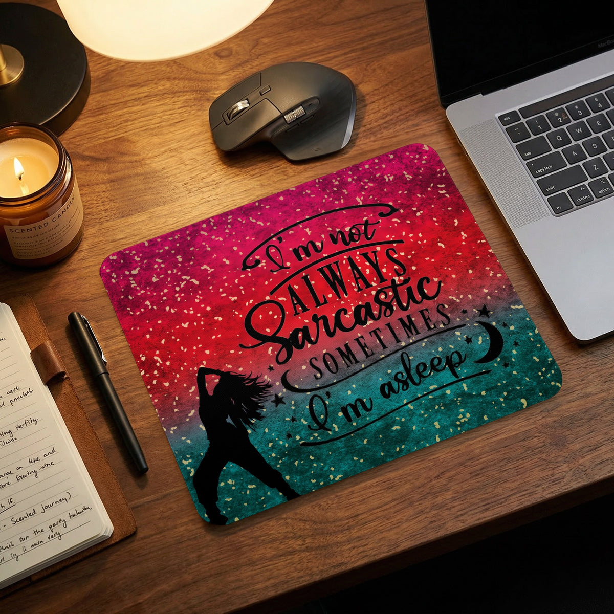 Rectangle mouse pad featuring a tie-dye red and blue watercolor background with inspirational text and a dancing silhouette.