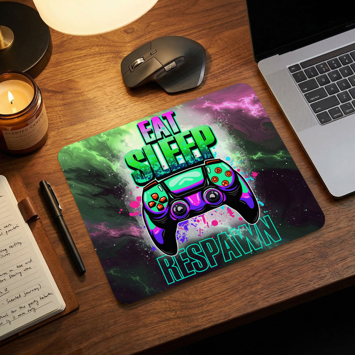 A gaming mouse pad featuring a colorful controller graphic with the text Eat Sleep Respawn.
