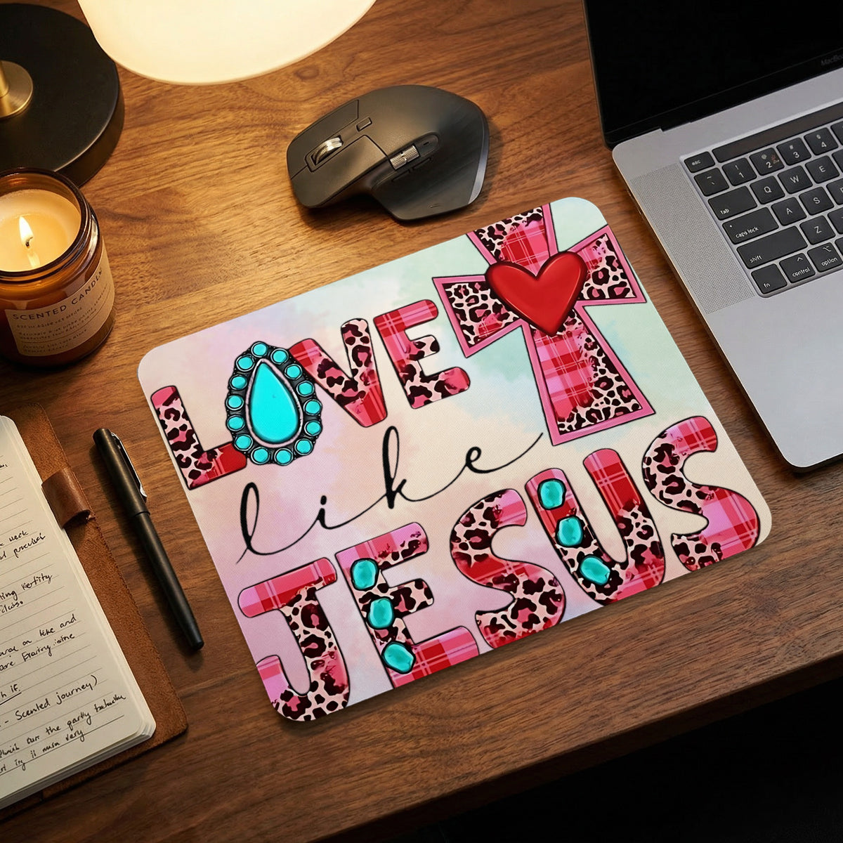 Rectangular mousepad featuring pink plaid, leopard print, and the inspirational text Love Like Jesus.