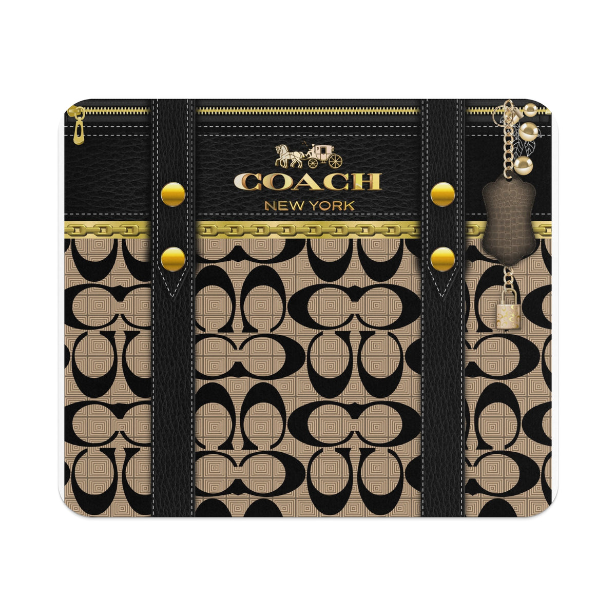 Coach New York logo with signature "C" pattern, gold chain, and padlock charm.
