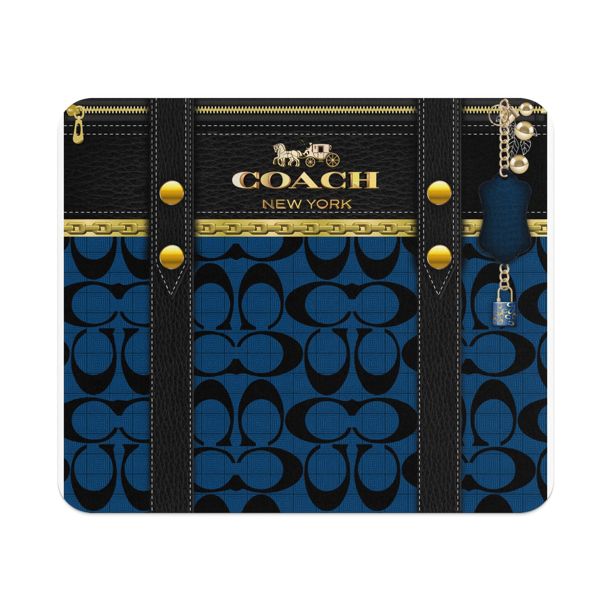 Coach New York monogram pattern mousepad with black leather straps and gold hardware.