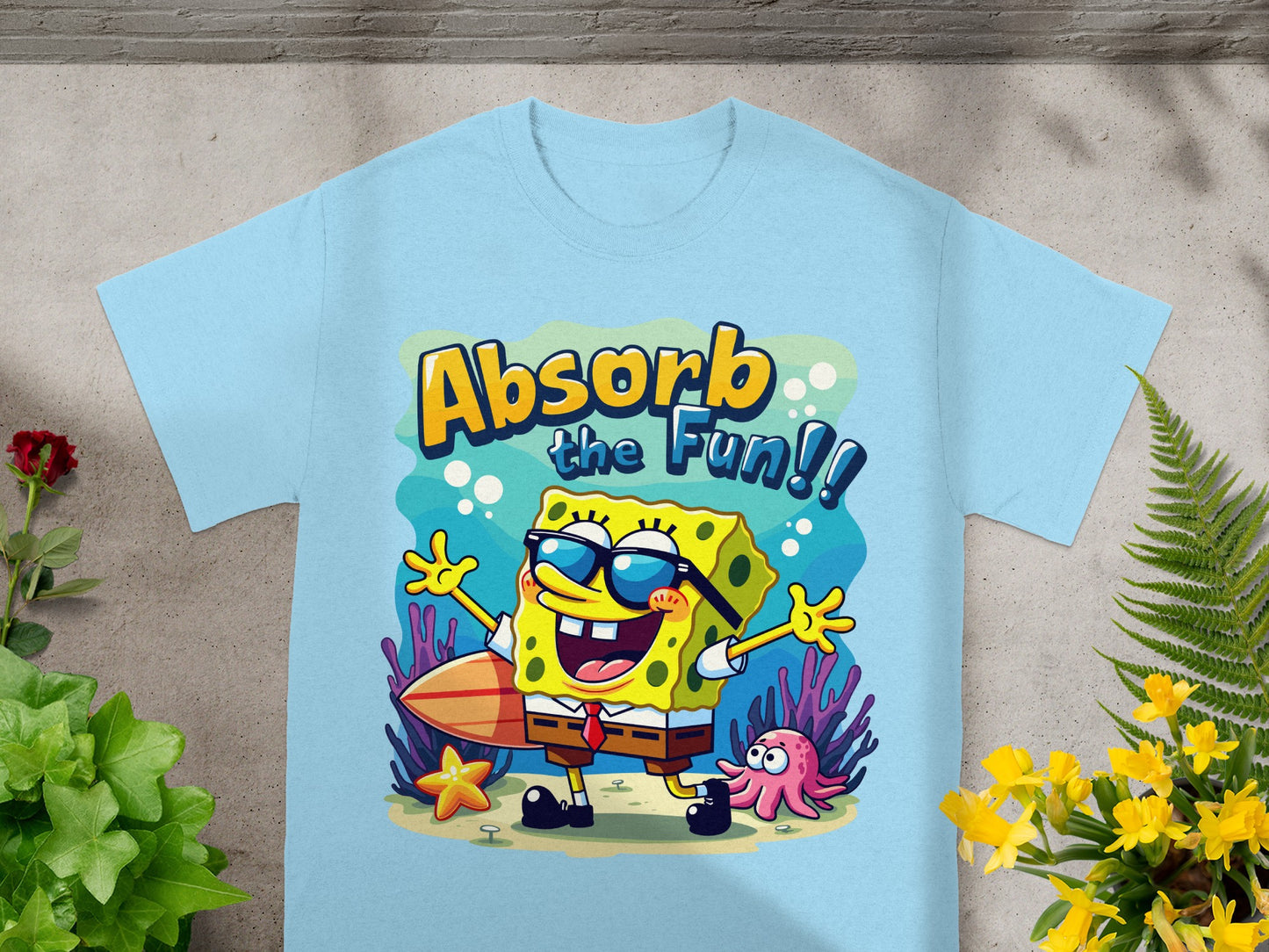 SpongeBob SquarePants wearing sunglasses with surfboard and octopus. "Absorb the Fun!!"