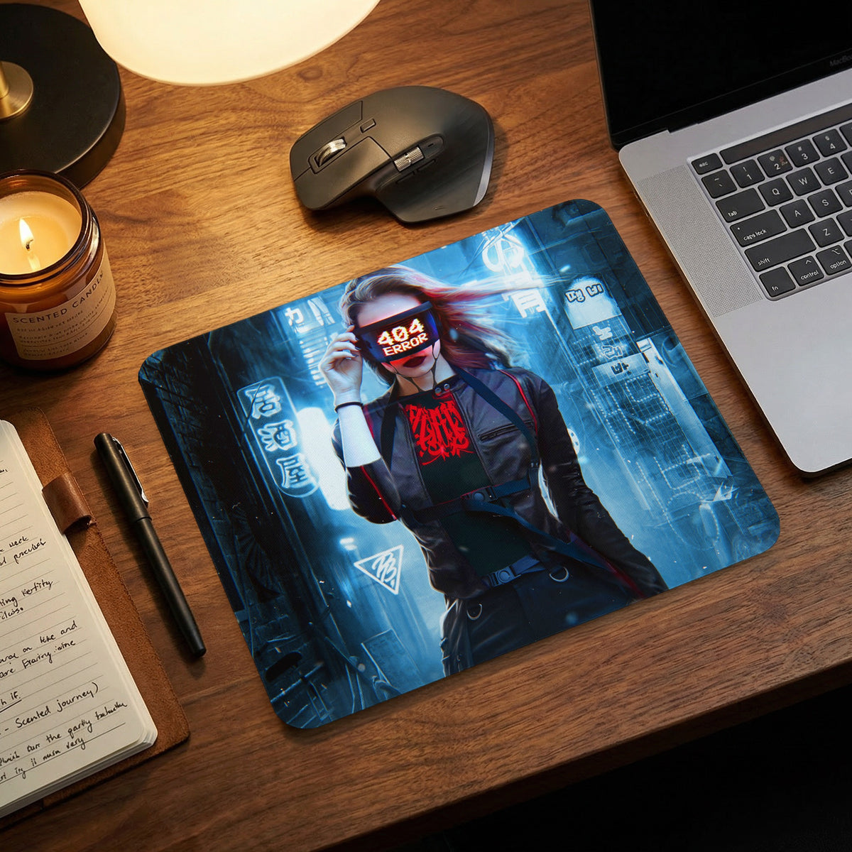 A rectangular mouse pad with a cyberpunk design featuring a woman wearing glowing red error glasses on a wooden desk.