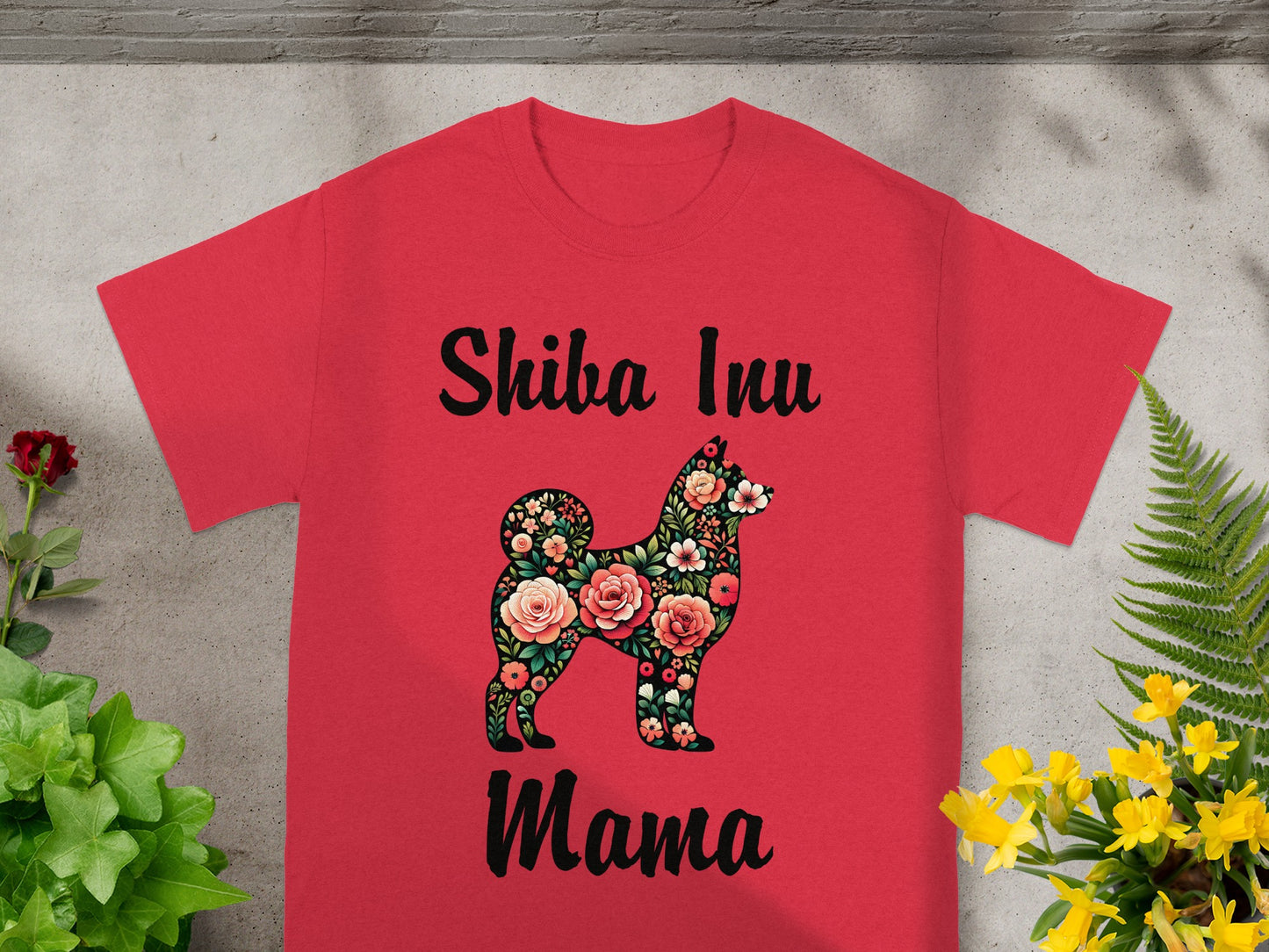 Red t-shirt with "Shiba Inu Mama" text and floral Shiba Inu image.