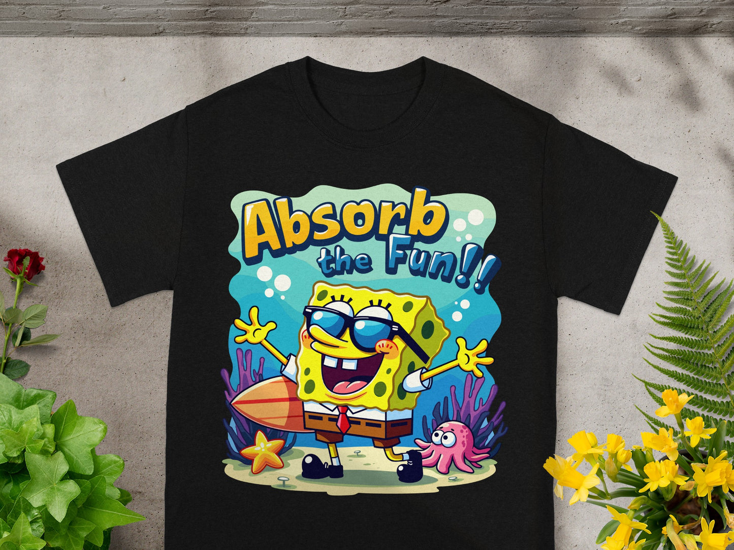 SpongeBob SquarePants with surfboard, text "Absorb the Fun!!", starfish, and octopus.