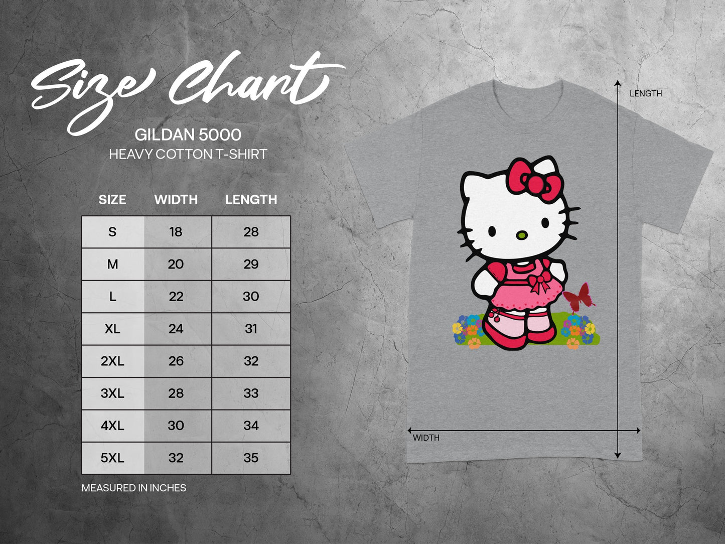 Gildan 5000 Size Chart Hello Kitty Design Measured IN INCHES product type