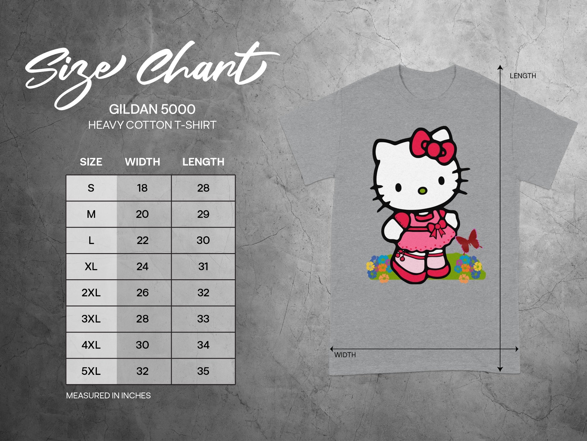 Gildan 5000 Size Chart Hello Kitty Design Measured IN INCHES product type