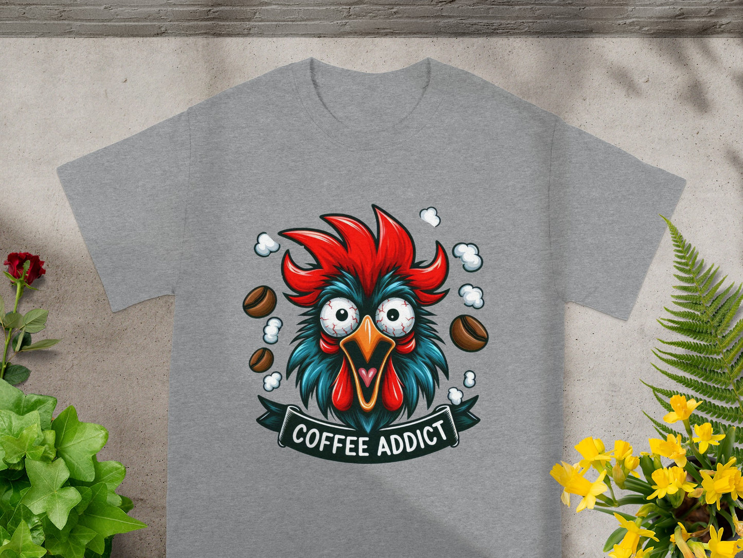Hilarious Coffee Addict Crazy Rooster Graphic T-shirt
