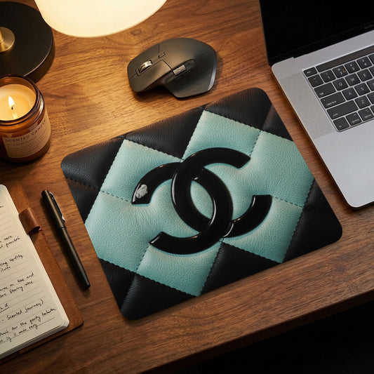 Chanel logo mousepad with diamond quilting and black accents.