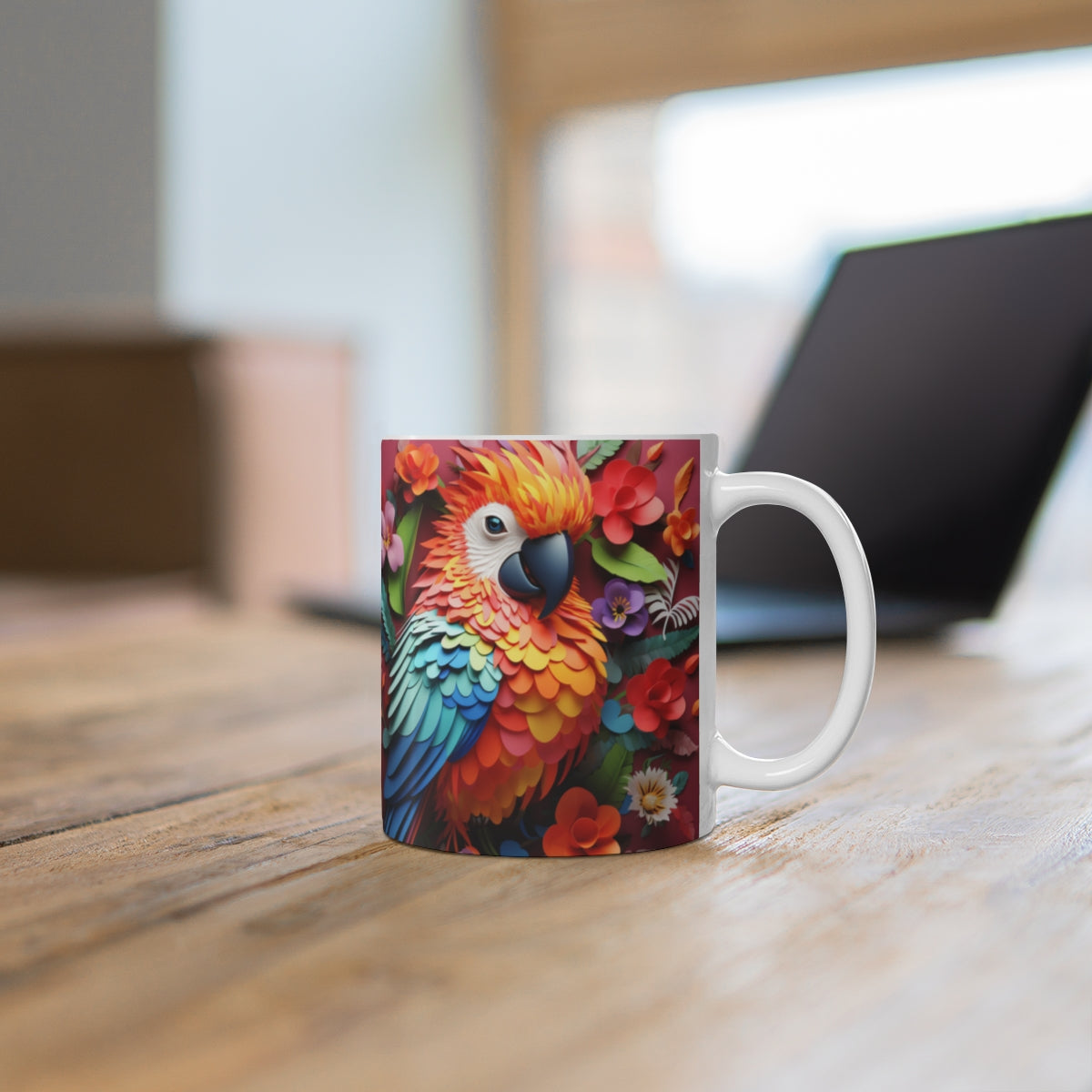 Vibrant Parrot and Flowers Design Coffee Mug