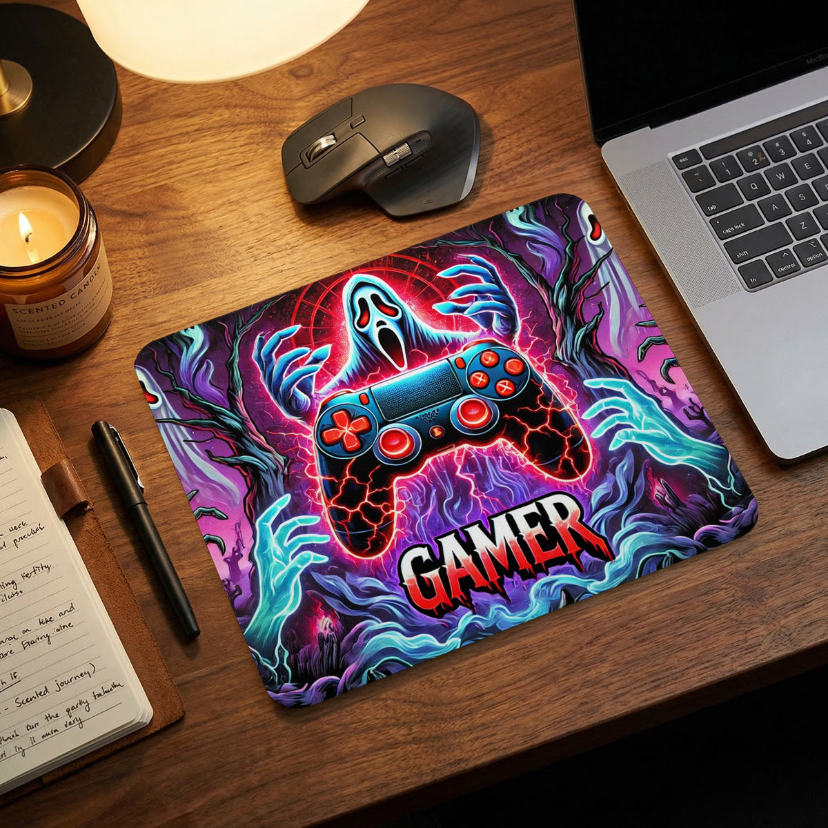 Rectangular mousepad featuring a vibrant horror-themed gamer illustration on a wooden desk with a laptop and mouse.