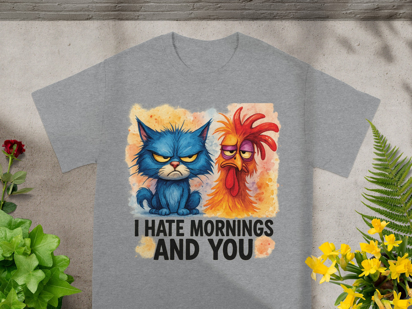 Grumpy blue cat and frustrated chicken on t-shirt: "I HATE MORNINGS AND YOU."