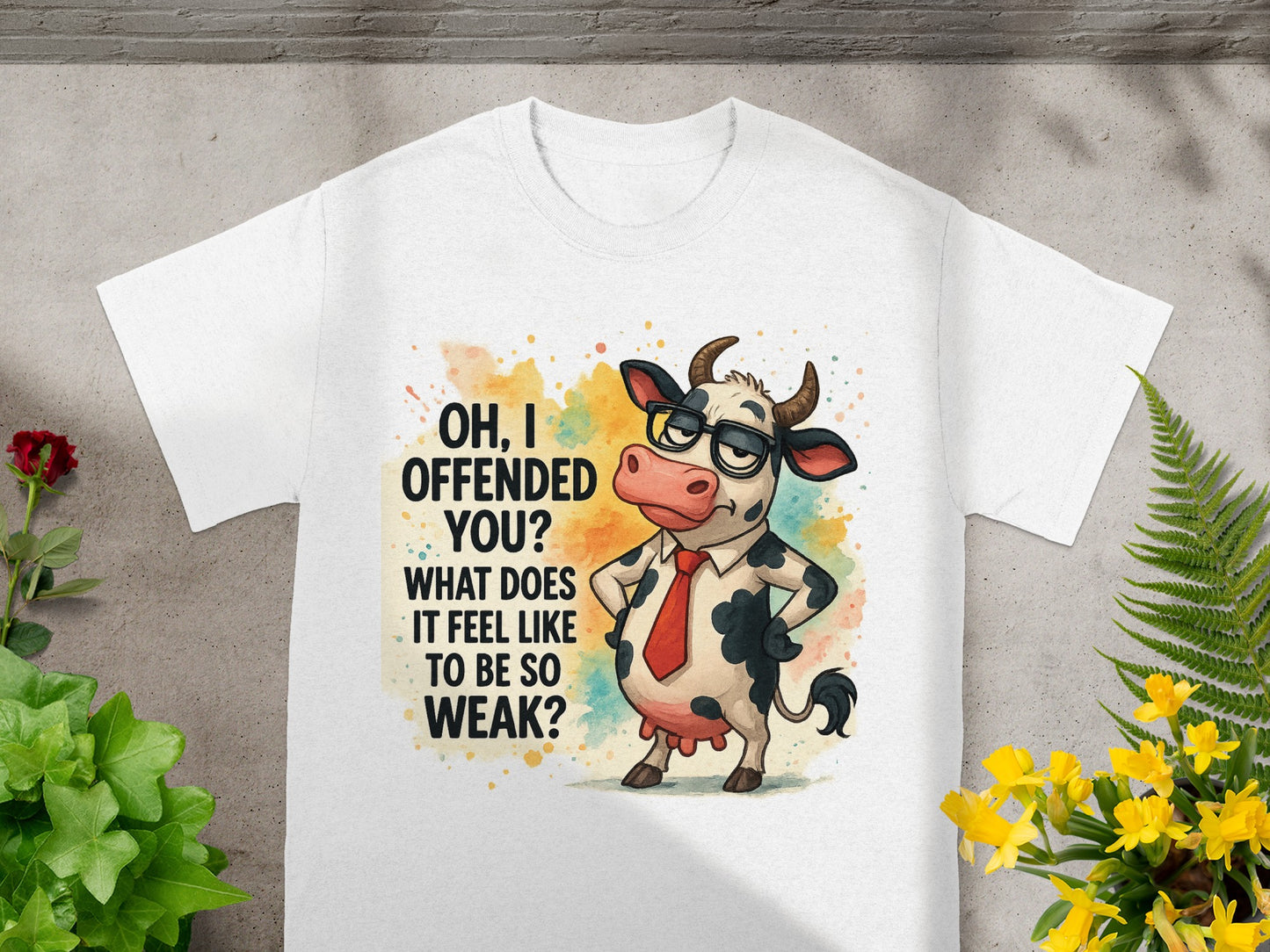 T-shirt with cartoon cow asking "Oh, I offended you? What does it feel like to be so weak?"