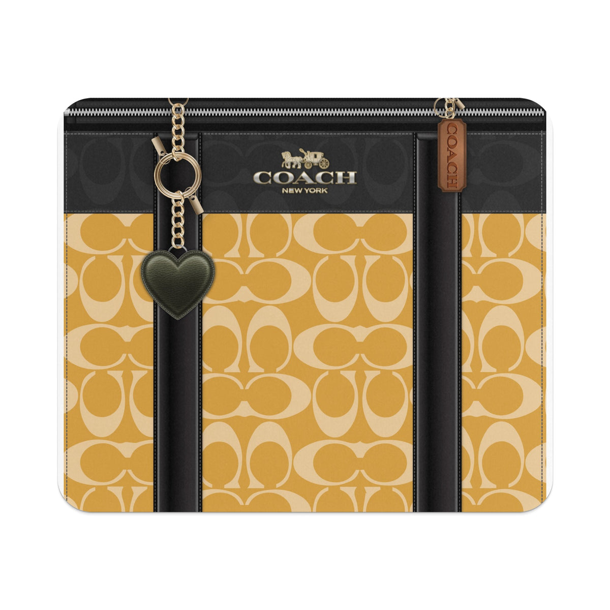 Coach New York bag with signature C pattern, leather trim, and heart charm.