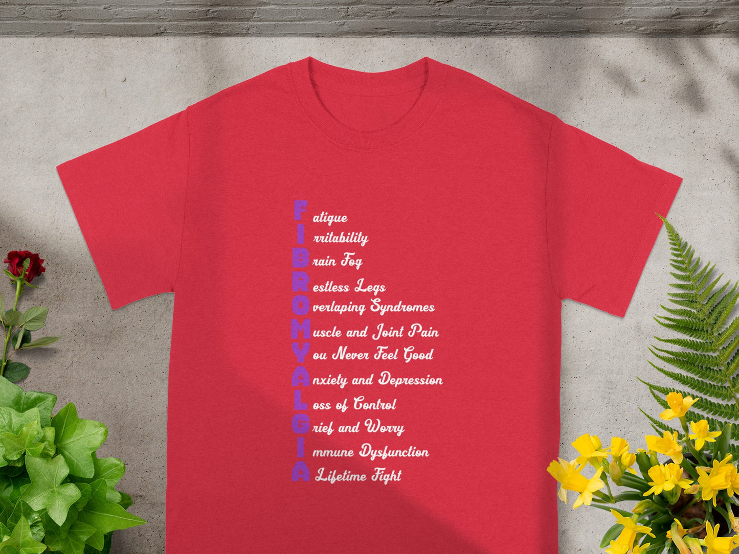 Red T-shirt with Fibromyalgia Awareness Design