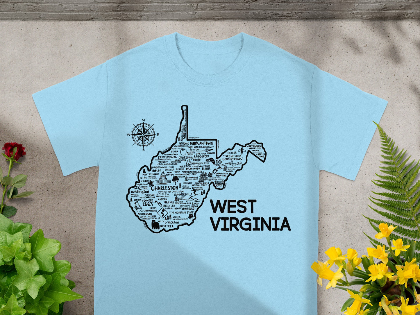West Virginia Map Design T-shirt with Compass Print