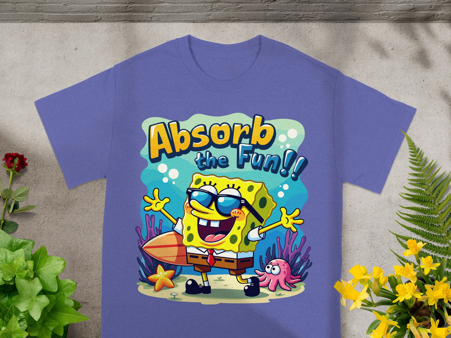SpongeBob SquarePants with surfboard and text "Absorb the Fun!!"
