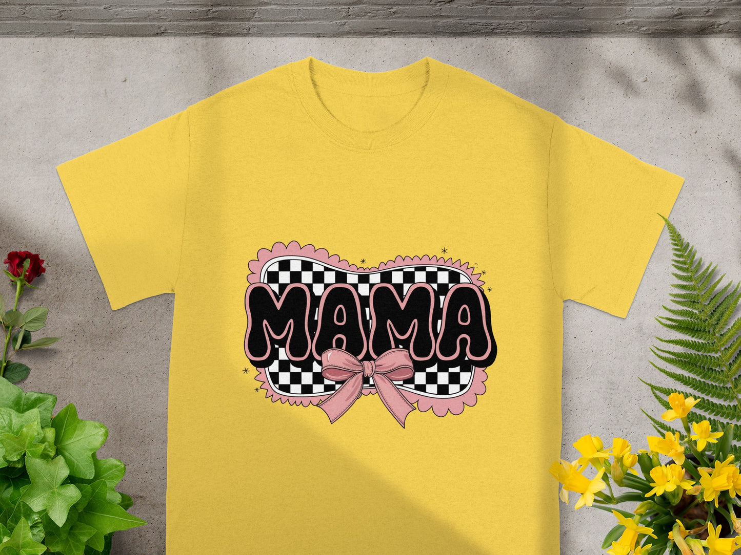 Mama Checkerboard Pink Bow Graphic T-Shirt