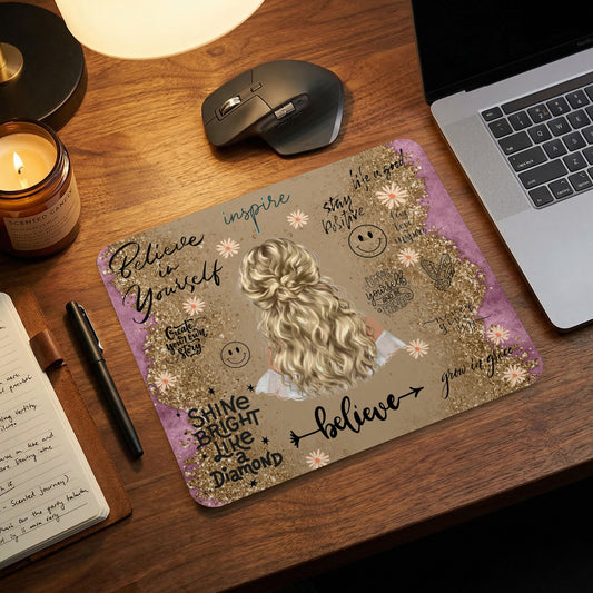 Mousepad with blonde woman, flowers, butterflies, and inspirational text like "believe in yourself".