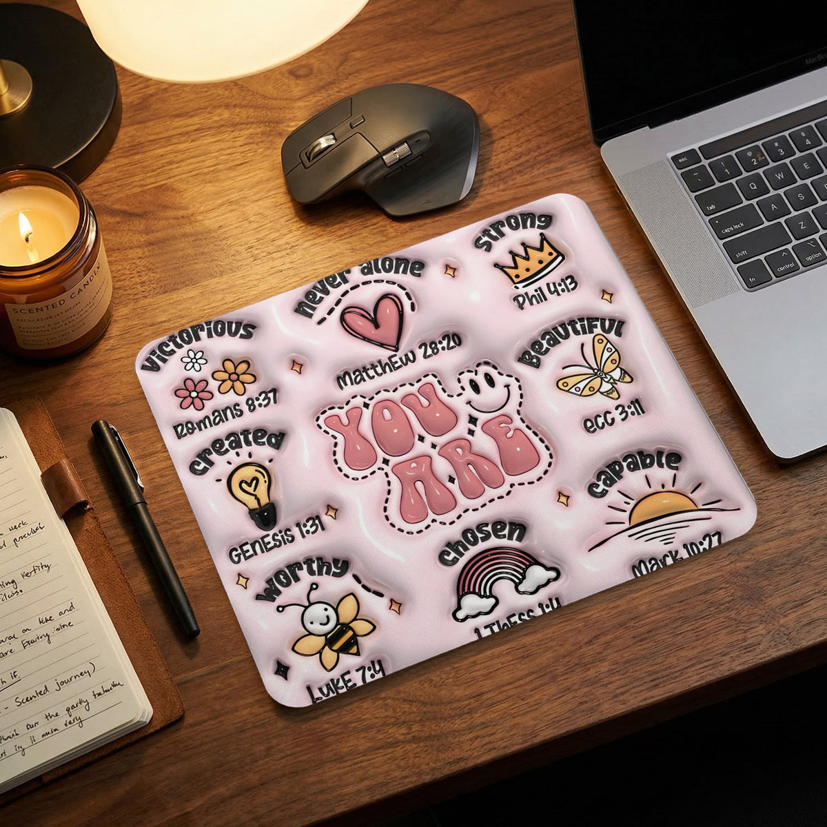 Pink mousepad with inspirational phrases like "You Are", "Victorious", and "Strong".