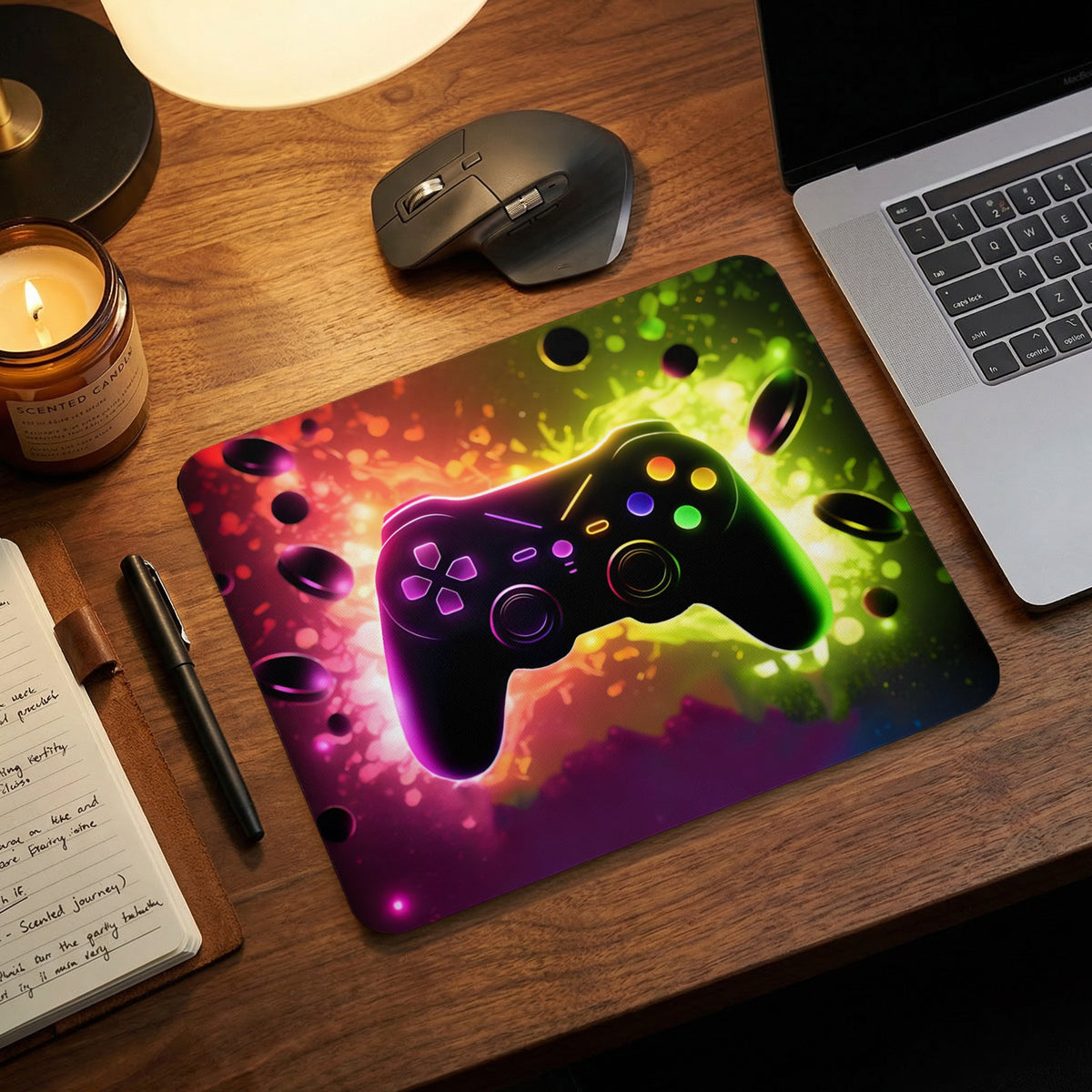 A colorful gaming mousepad featuring an abstract gamepad design sits on a wooden desk.