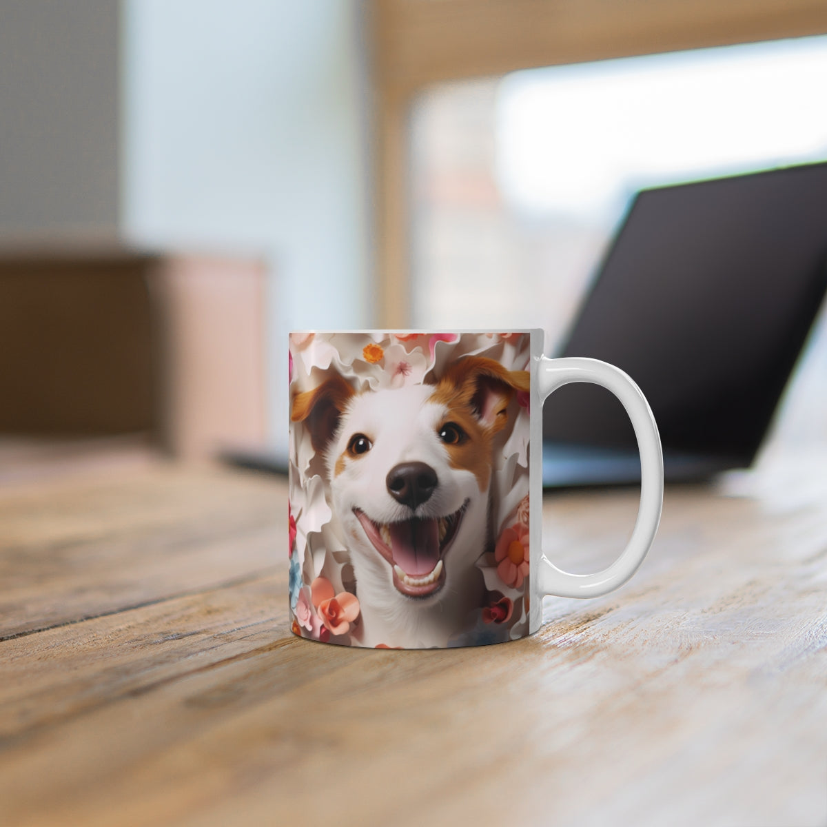 Adorable Dog with Flowers Print Coffee Mug