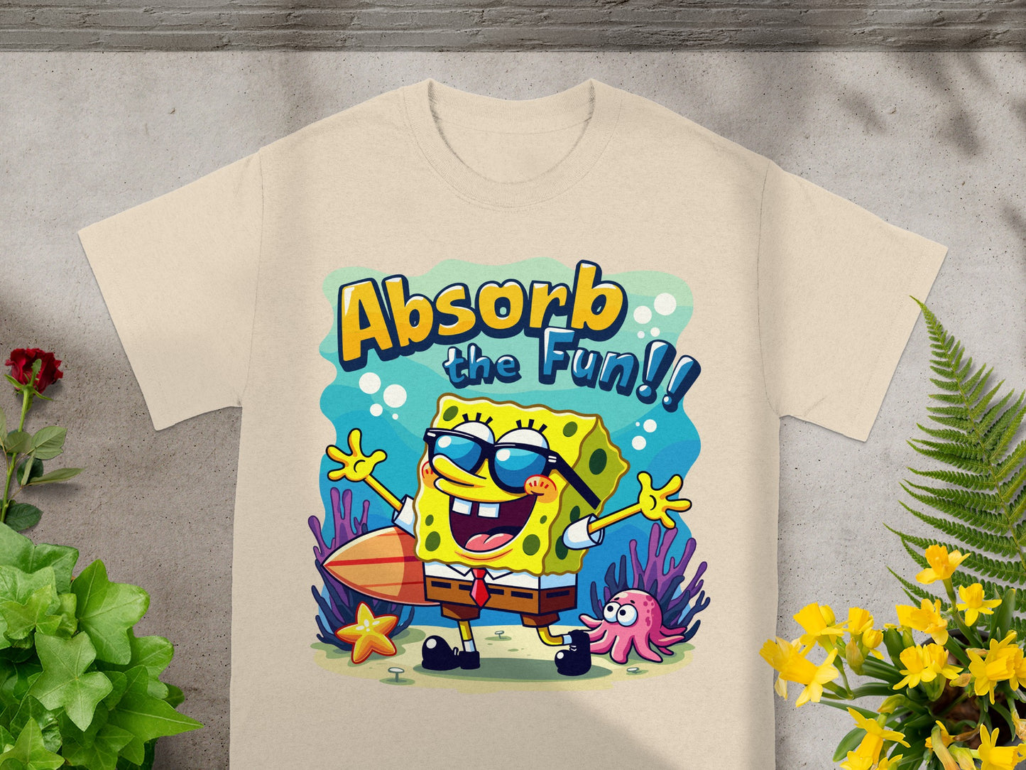 SpongeBob SquarePants on a t-shirt with text "Absorb the Fun!!"