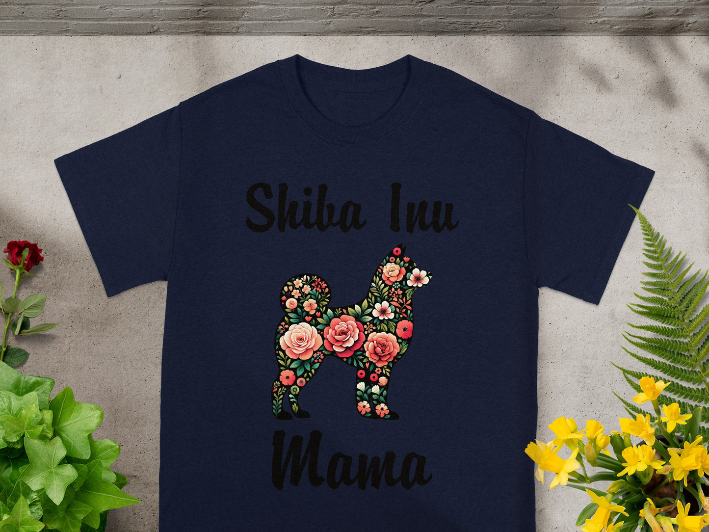 Dark blue t-shirt with floral Shiba Inu silhouette and "Mama" text.