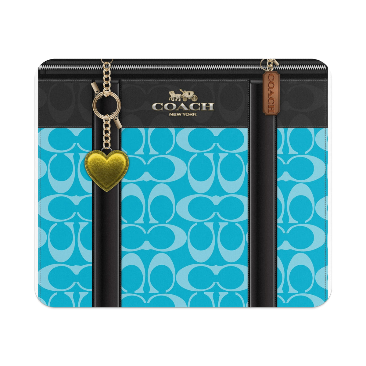 Coach print wallet with gold heart charm and chain detail.
