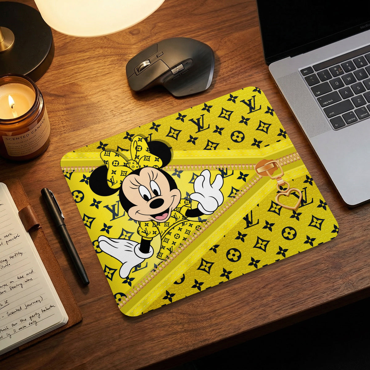 Minnie Mouse on yellow designer pattern mousepad with gold zipper and heart charm.