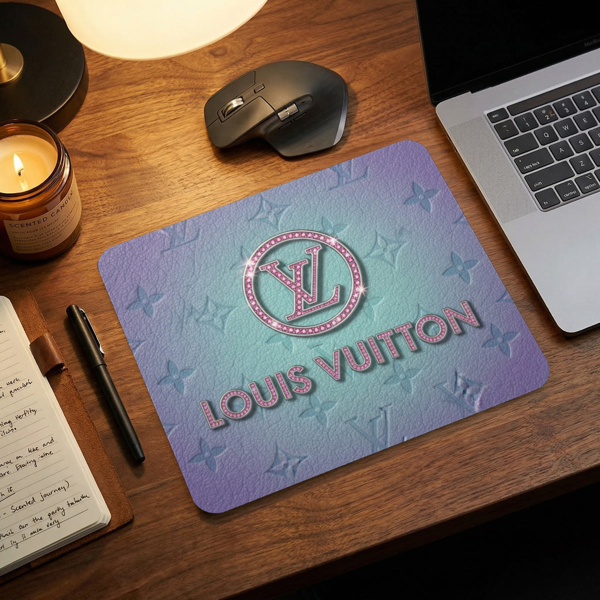 Purple and blue mousepad with embossed LV pattern and "LOUIS VUITTON" text.