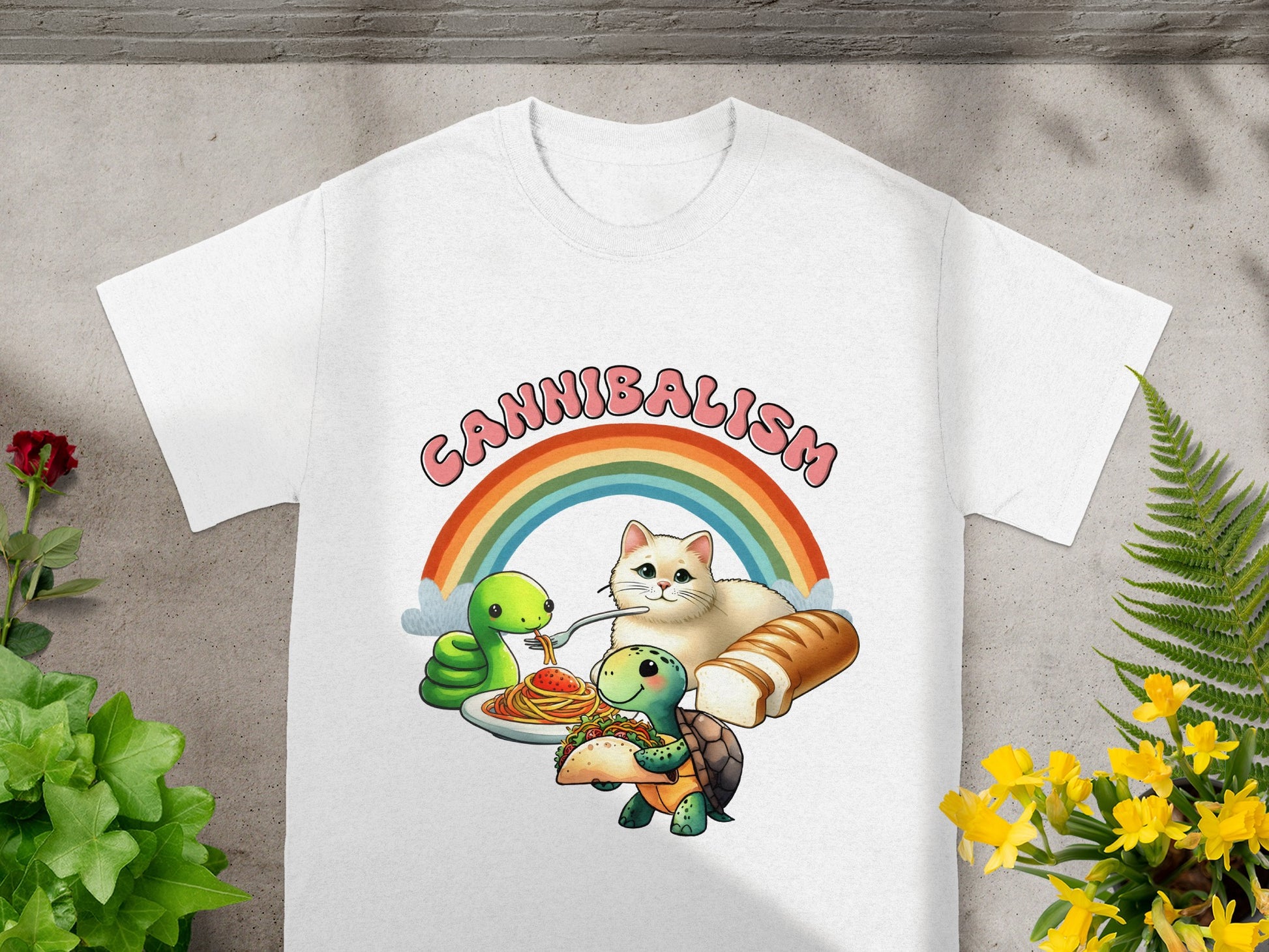 Cannibalism Cat and Animals Graphic Rainbow T-Shirt