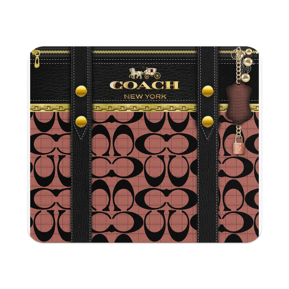 Coach New York logo on black and pink signature pattern with chain detail and charm.