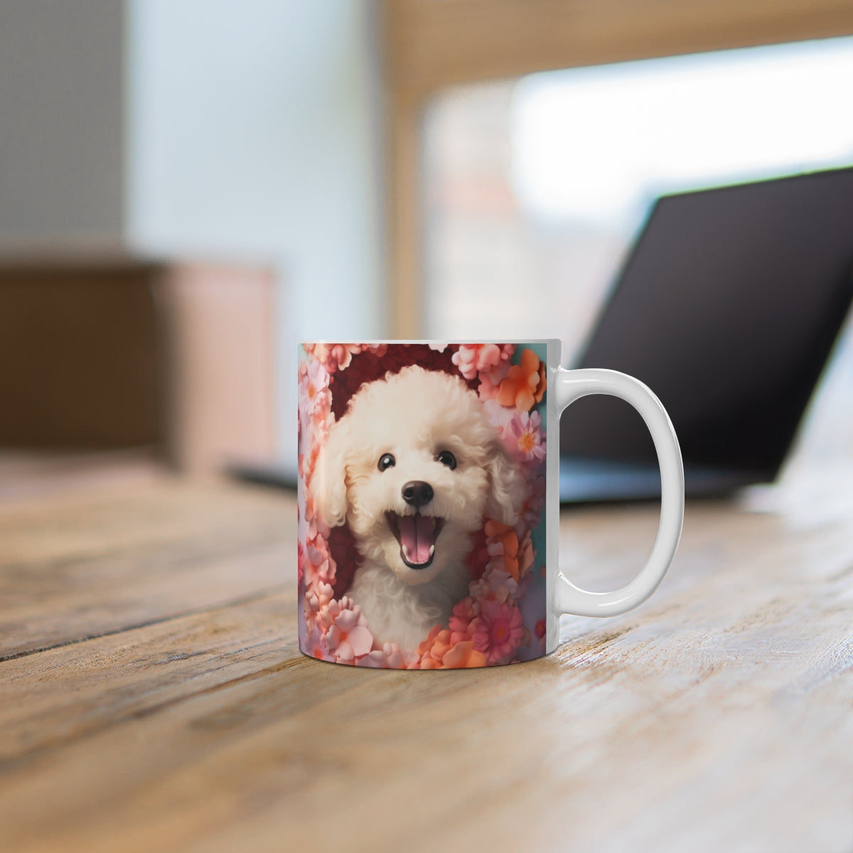 Cheerful Poodle Surrounded by Colorful Flowers Mug